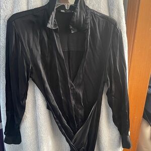 Zara women’s  Black Satin Long-Sleeve wrap dress